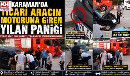 Karaman’da Ticari Aracın Motoruna Giren Yılan Paniğe Neden Oldu
