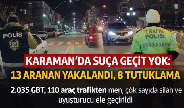 KARAMAN"DA SUÇLA MÜCADELEDE BÜYÜK OPERASYON: 13 ARANAN YAKALANDI, 8 KİŞİ TUTUKLANDI
