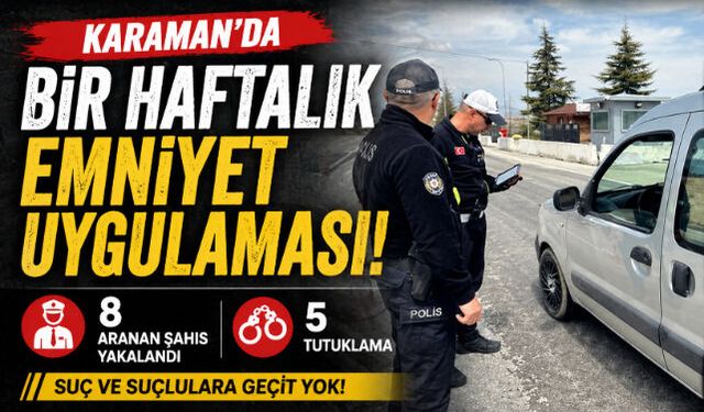 Karaman"da Bir Haftalık Emniyet Uygulaması: 8 Aranan Şahıs Yakalandı, 5 Tutuklama