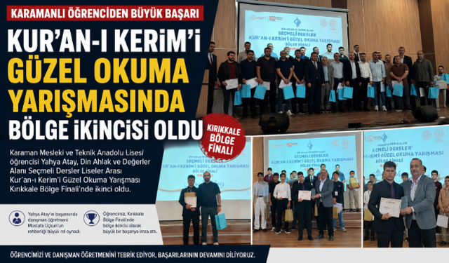 Karamanlı Öğrenci Kur'an-ı Kerim Yarışmasında Bölge İkincisi Oldu